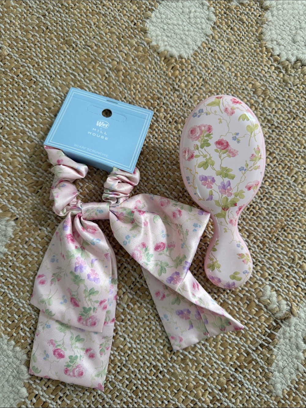 Hill House Pastel Pink Floral Scarf Scrunchie with Bow and brush